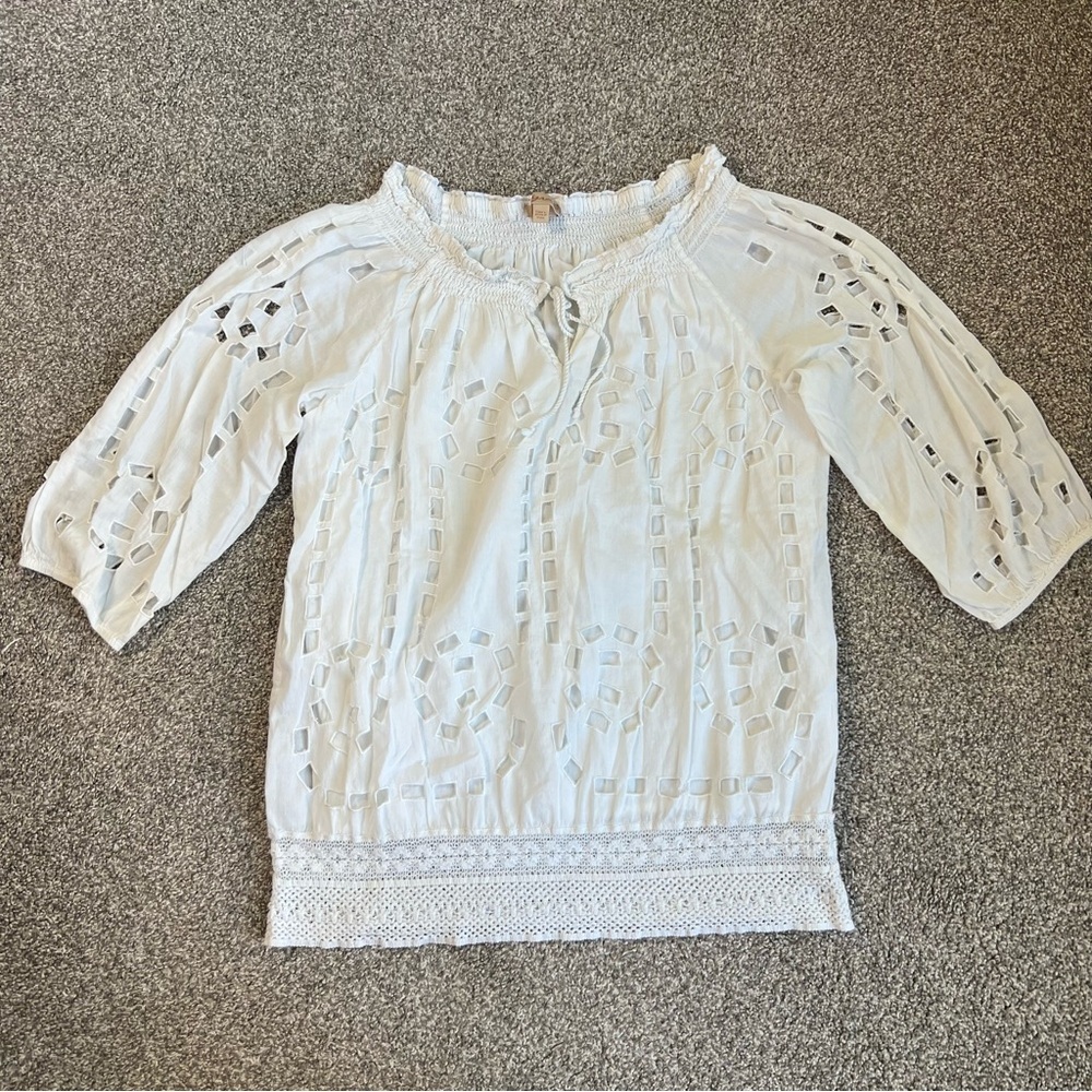 Kyra White Eyelet 3/4 Sleeve Blouse, Size Large‎